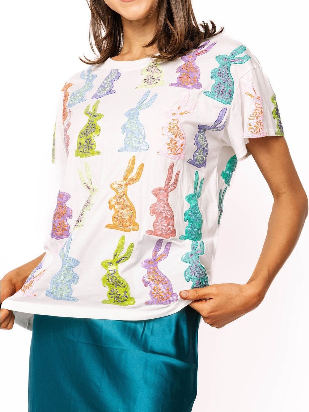 QOS Queen of Sparkles White Multi Easter Bunny Tee